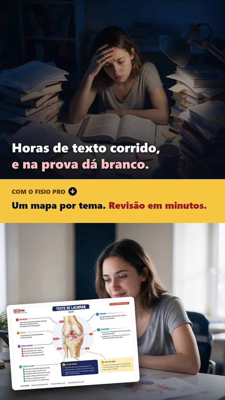 Antes: estudante exausta à noite, cercada de apostilas de texto corrido. Depois, com o FISIO PRO: a mesma estudante tranquila, estudando com o mapa mental do Teste de Lachman. Um mapa por tema, revisão em minutos.